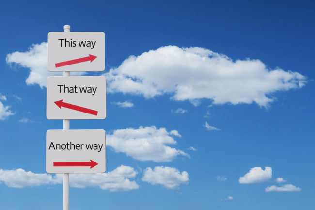 This way, that way road sign, résumé contradictions