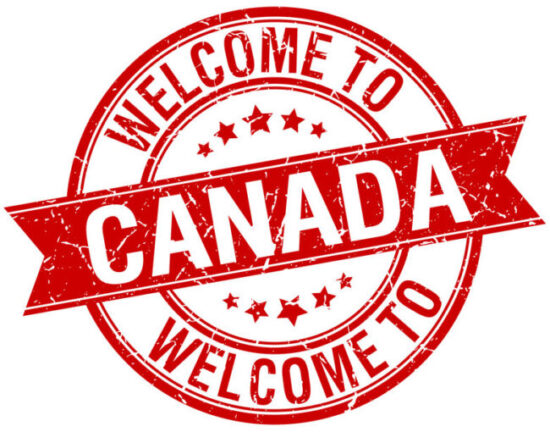 Supporting newcomers to Canada, red and white Welcome to Canada stamp